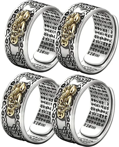 Vista 2 de Gossiribbn Anillo ajustable Feng Shui PiXiu de plata 990, anillo de mantra Feng Shui Pixiu para hombres y mujeres, anillo ajustable Feng Shui PiXiu