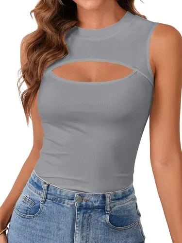 Vista 17 de Vrtige Camiseta sin mangas sexy con cuello redondo para mujer, de punto acanalado, sin mangas, ajustada
