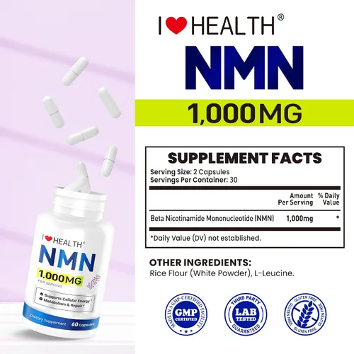 Vista 6 de Suplemento NMN de 1000 mg por porción, 99.9% mononucleótido de nicotinamida pura, NAD+ apoya la energía celular y el envejecimiento saludable