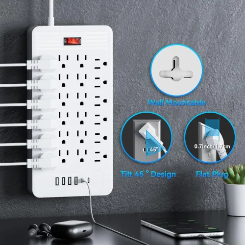 Vista 5 de Regleta protectora de sobretensiones de 24 tomacorrientes – Cable de extensión de enchufe plano de 5 pies con 24 tomas amplias y 4 puertos USB, 2