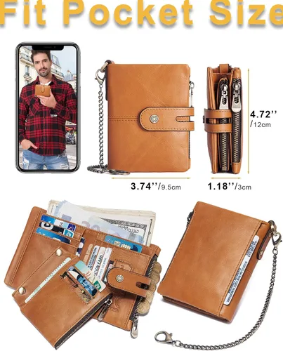 Vista 5 de Billetera con cadena para hombre, de piel auténtica, con bloqueo RFID, monedero de doble cremallera con bolsillo para monedas, Marrón, Cartera