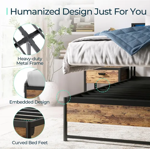 Vista 7 de LINSY Cama Queen con cabecera ergonómica, montaje rápido con luces y estación de carga, cama de plataforma de metal con almacenamiento, marrón