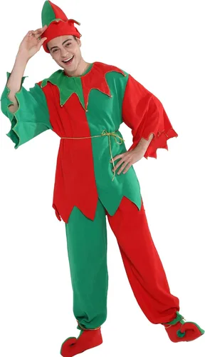 Vista 2 de FantastCostumes Disfraz de elfo de Navidad para adultos unisex disfraz de Papá Noel