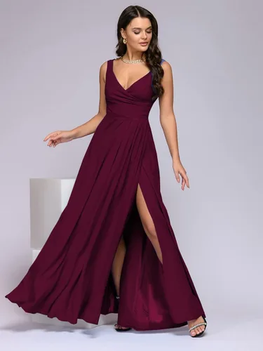 Vista 3 de NIYIGEJI Vestido largo de manga corta con cuello en V profundo para mujer, plisado, cintura alta, abertura, club, fiesta, noche, vestido largo, Rojo