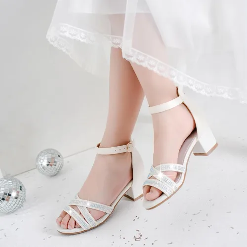 Vista 2 de Sandalias de tacón para niñas, con correa de tobillo y puntera abierta, zapatos de vestir para niños pequeños y grandes en bodas, fiestas, zapatos