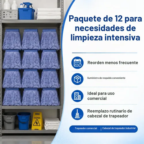 Vista 8 de Paquete de 12 cabezales de repuesto para trapeador, repuesto comercial de cabezal de trapeador de alta resistencia, repuestos comerciales de algodón