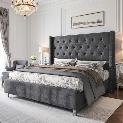 Vista 11 de PaPaJet Marco de cama de terciopelo King con cabecera de ala de 49.2 Negro