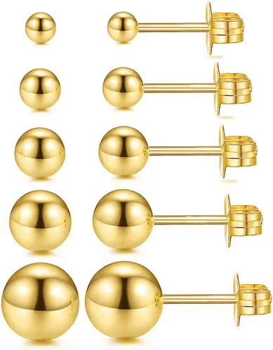 Vista 10 de JINEAR 5 pares de aretes de tuerca para mujer, chapados en oro/plata de 14K, perla, aretes pequeños tipo bola, conjunto de piercing de cartílago 1