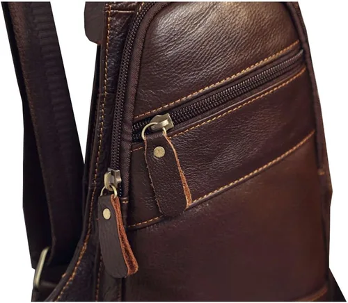 Vista 3 de Mochila estilo bandolera de piel para hombres y mujeres, bandolera de hombro, al pecho, mochila de uso diario para viajes, al aire libre
