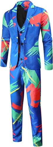 Vista 3 de AMTF Conjunto de trajes de blazer para hombre, de moda, casual, estampado, chaleco, pantalones, conjunto de 3 piezas, chaleco y pantalones