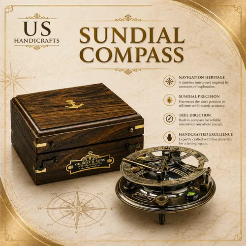 Vista 4 de Brújula de reloj de sol marítima antigua Brújula de bolsillo grabada personalizada para él, decoración náutica de cobre y latón, regalo de velero
