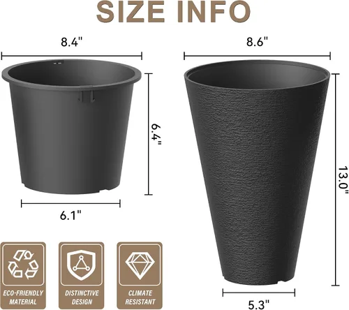 Vista 2 de Kante Juego de 2 Macetas Redondas Altas, Macetas Decorativas de 13 Pulgadas de Alto para Exterior Interior Jardín Patio Porche Delantero (Negro)