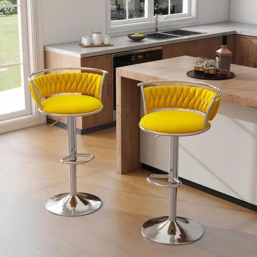 Vista 27 de Juego de 2 taburetes de bar giratorios de 360°, silla de bar de terciopelo ajustable a altura de mostrador moderna, taburete de metal plateado