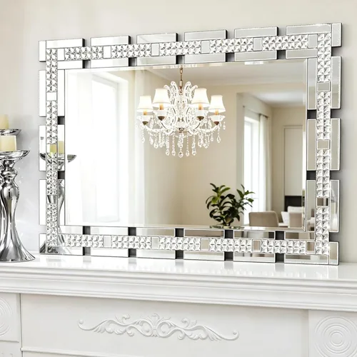 Vista 11 de Chende - Espejo de pared decorativo de 36 x 24 pulgadas con marco incrustado de cristal real, espejo de tocador HD sin plomo para sala de estar