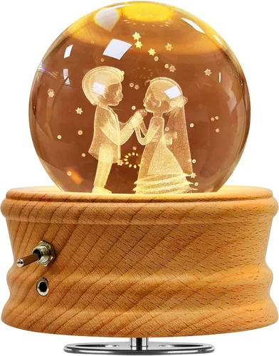 Vista 10 de Caja de música de bola de cristal 3D con luz LED de proyección y base de madera giratoria para Navidad, cumpleaños, día de San Valentín, cajas