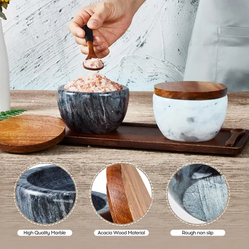 Vista 3 de MarcZero - Salero grande con caja de especias y condimentos, contenedor de pimienta, base de mármol con cubierta de madera, diseño elegante de gran