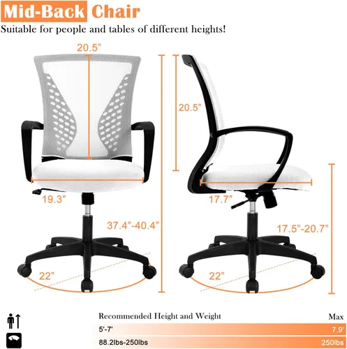 Vista 24 de Silla de oficina en casa, silla de escritorio ergonómica, respaldo medio, silla de computadora de PC con soporte lumbar y reposabrazos, silla