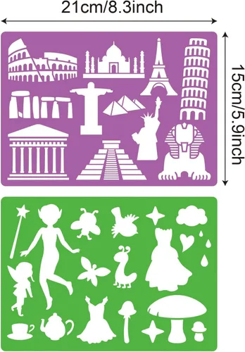 Vista 2 de Juego de 21 plantillas de dibujo para niños de más de 300 patrones diferentes para dibujar historias infantiles imaginativas, plantillas lavables