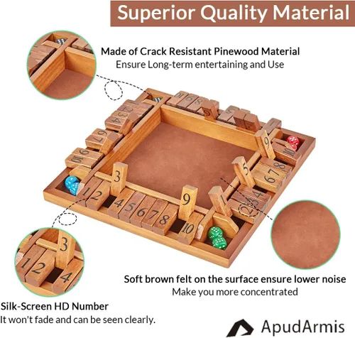 Vista 2 de ApudArmis Shut The Box de 4 vías, juego de mesa grande de madera con dados, 4 formas de jugar Shut-The-Box para adolescentes, complemento