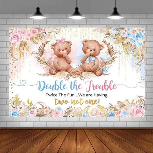 Vista 3 de AIBIIN Fondo de 7 x 5 pies, diseño de oso doble The Trouble Baby Shower It's Twins, decoración de fiesta de baby shower, dos veces la diversión