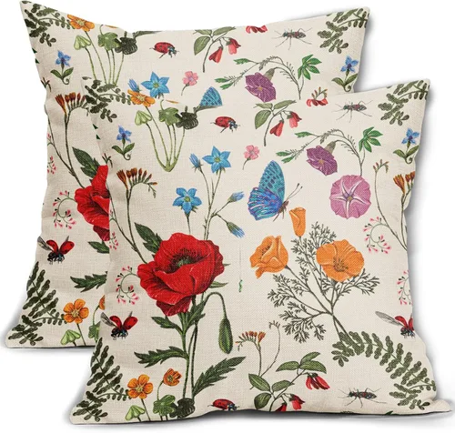 Vista 13 de Juego de 2 fundas de almohada de primavera de 16 x 16 pulgadas, diseño de conejo, flores rosas, hojas verdes salvia, plantas botánicas vintage