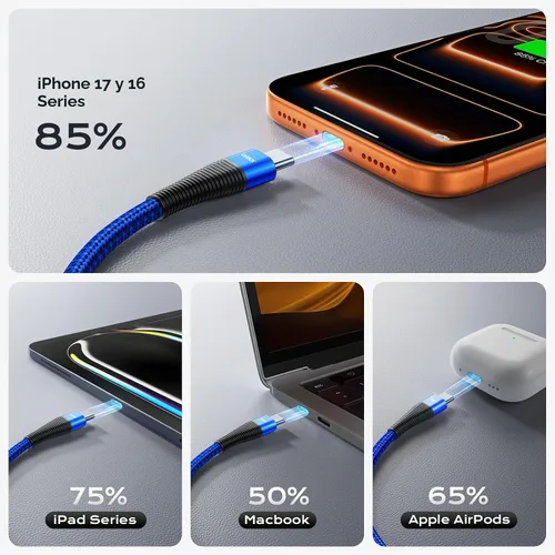 Vista 5 de Cable USB C a USB C de 100 W, paquete de 3 cables USB C a C de carga rápida Azul