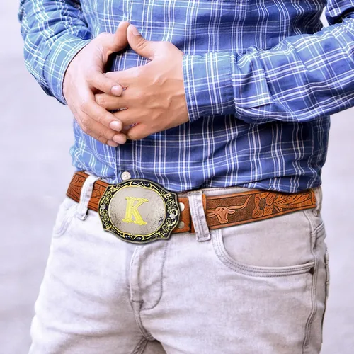 Vista 6 de RechicGu Cinturones occidentales para hombres y mujeres, letra inicial con hebilla grande con cuero marrón de cuerno largo, cinturón vaquero grabado