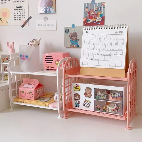 Vista 6 de organizador de escritorio para cosméticos y papelería, estante multifuncional de 2 niveles, organizador de maquillaje para cuidado de la piel