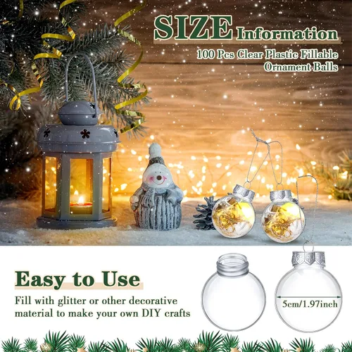 Vista 2 de Soaoo Juego de 100 bolas de adorno de Navidad de 1.96 pulgadas, bolas rellenables de plástico transparente, para árbol de Navidad, decoración
