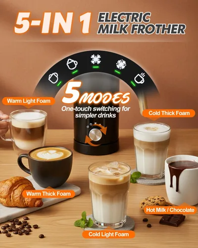 Vista 9 de Espumador de leche eléctrico 5 en 1, espumador de leche automático para hacer chocolate caliente con mango de grano de madera, calentador de leche