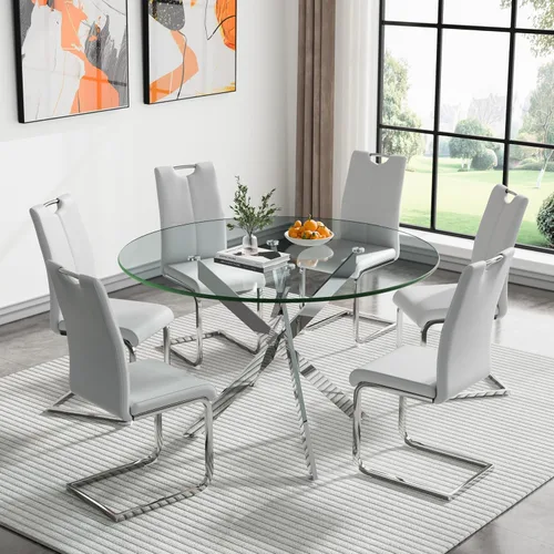 Vista 20 de HomVent Juego de mesa de comedor redonda de vidrio de 3 piezas, juego de mesa de cocina de vidrio redondo para 2 personas con 2 sillas de comedor