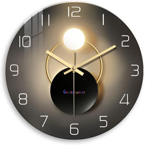 Vista 10 de Reloj de pared moderno negro y dorado con pilas, reloj de pared silencioso de 12 pulgadas, reloj de pared de vidrio sin tictac para sala de estar