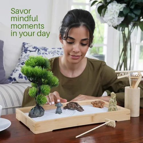 Vista 2 de ENSO - Jardín zen japonés para escritorio, extra grande de 16 x 8 pulgadas, mini jardín zen de escritorio con arena blanca, árbol bonsái artificial