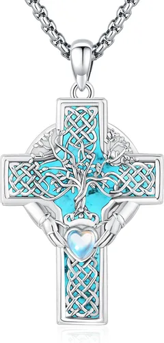 Vista 39 de Joyas de turquesa para mujeres y hombres de plata de ley 925 con colgante de urna para cenizas, collar con medallón de imagen, martillo de Thor