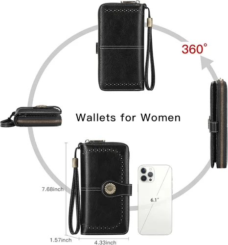Vista 5 de SENDEFN Cartera de cuero para mujer, con bloqueo RFID, tarjetero para tarjetas de crédito, cartera de mano para mujer