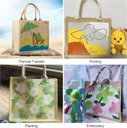 Vista 6 de 3 bolsas de arpillera a granel, bolsa de yute reutilizable con cinta de 5 yardas, bolsa de regalo de arpillera en blanco con asa, bolsa de playa