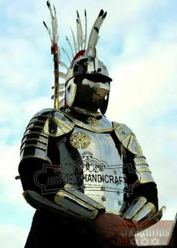 Vista 3 de Traje de medio traje de armadura medieval de husares Lrap con acabado plateado de museo, 18Ga