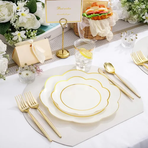 Vista 6 de ejonirinjonir EI - 180 platos de plástico beige con cubiertos de plástico dorado, platos desechables de alta resistencia para fiestas, juego