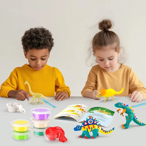 Vista 6 de Kit de arcilla de aire seco de dinosaurios de Drama Planet – Crea 5 modelos de dinosaurios con 12 colores de arcilla para modelar, guía