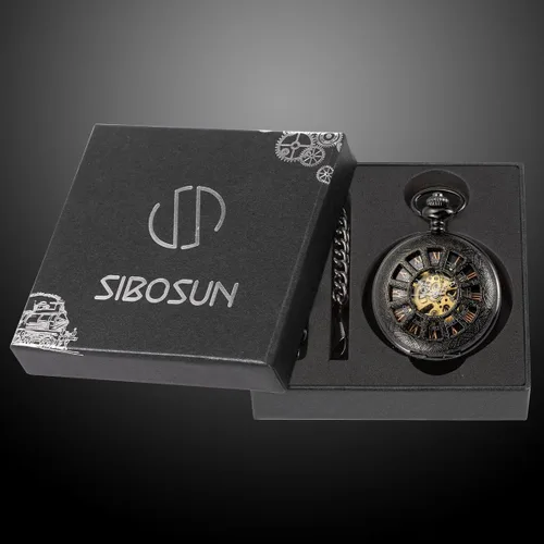 Vista 7 de SIBOSUN Reloj de bolsillo esqueleto especial 12 - Pequeño - Diseño de caja de ventana para hombre, color negro, mecánico con caja de cadena