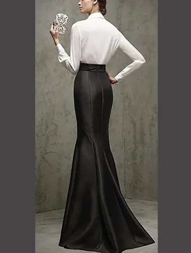 Vista 3 de Diandiai Falda larga de sirena de satén para fiesta de noche, falda de baile de graduación, vestido de mujer negro