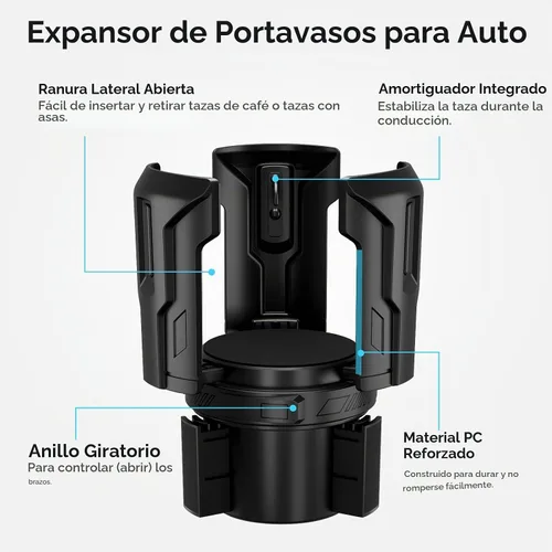 Vista 4 de Expansor de portavasos de coche: abierto con un botón, universal, soporte ajustable (diámetro de 2.6 a 4.8 pulgadas), expansor de portavasos