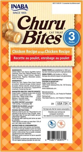 Vista 8 de INABA Churu Bites para Gatos, Golosinas para Gatos Rellenas de Churu Envueltas en Pollo Horneado Suave/Masticable con Vitamina E, 0.35 Onzas por