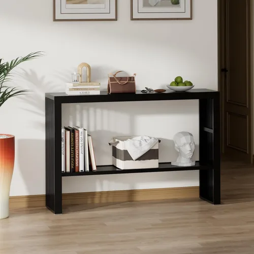 Vista 7 de Mesa consola estrecha de bambú de 47.2 pulgadas, mesa auxiliar de granja de 2 niveles, mesa de entrada rectangular, moderna mesa de sofá detrás