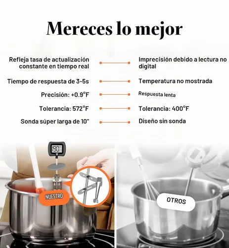 Vista 7 de Termómetro digital de dulces con clip para olla, sonda de acero inoxidable de 10 pulgadas de largo, termómetro de cocina de lectura instantánea