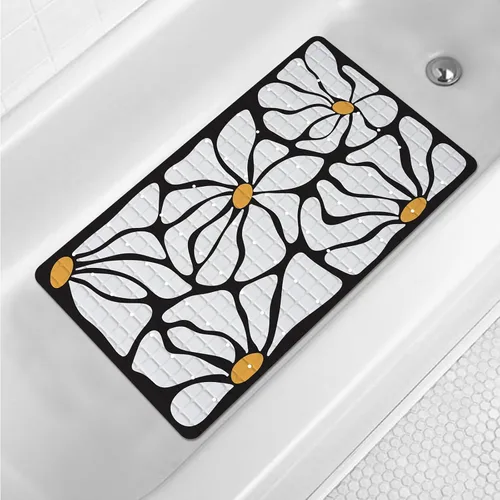Vista 13 de Tapete de baño floral bohemio morado antideslizante con flores abstractas para ducha, tapete de baño botánico para bañera con ventosas y agujeros