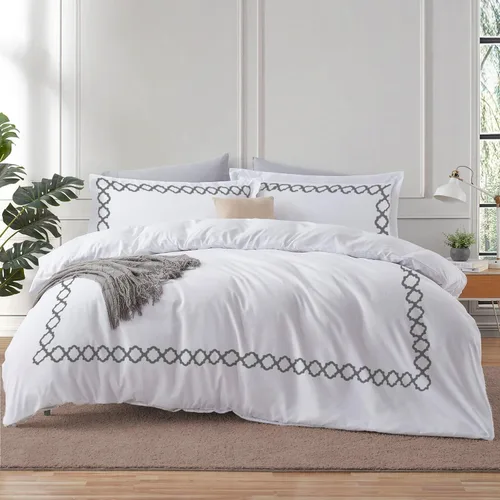 Vista 22 de BedDecor: Enchanted Oasis - Juego de funda de edredón de 3 piezas de 600 hilos de algodón egipcio con bordado de cuadrifolio, ultra suave
