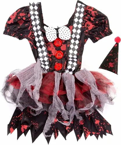Vista 4 de Disfraz de payaso loco de Halloween - Vestido espeluznante de circo para mujer, Rojo