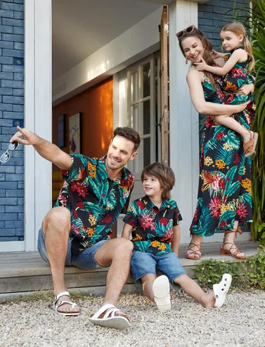 Vista 2 de PATPAT Trajes hawaianos familiares a juego para mamá y yo, para vacaciones en la playa, estampado tropical, vestidos de verano y camisas