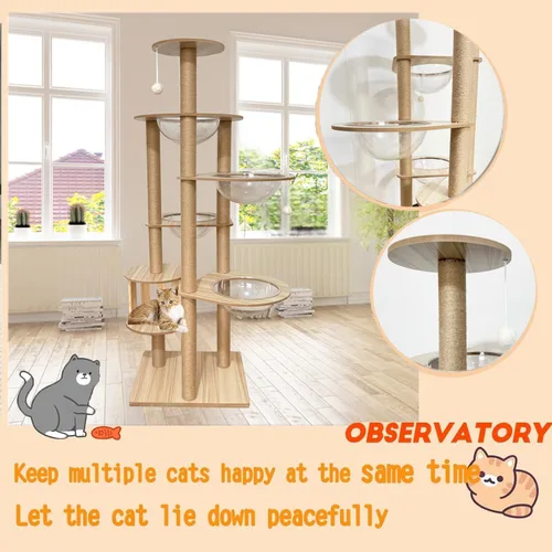 Vista 4 de Árbol para gatos de 183 cm para gatos de interior, grande para adultos, con 4 cuencos, 12 postes de rascar de sisal, 1 jaula para gatos, posadero